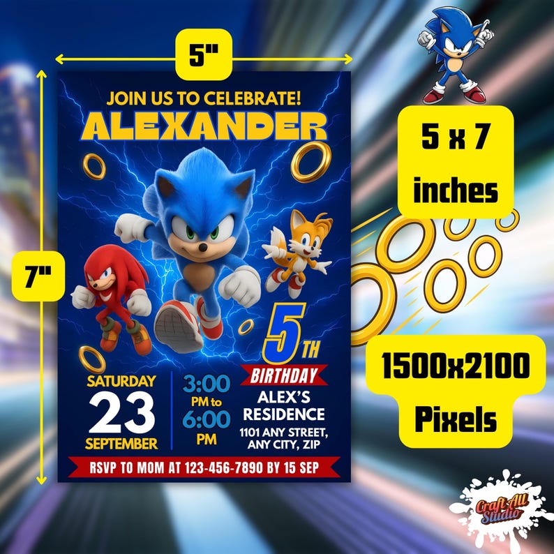 Sonic Birthday Invitation For Kids Party, Sonic The Hedgehog Boys Party Invite, Editable Sonic 3 Girls Birthday, Invite Instant Download, Image 5