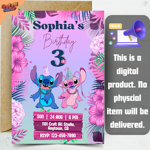 Pink and purple Stitch and Angel birthday invitation for girls, clearly marked as digital invite with no physical item, editable for a kids birthday invite, birthday bash, part of event templates, and a tropical Stitch birthday card featuring floral border.