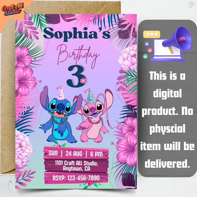 Pink and purple Stitch and Angel birthday invitation for girls, clearly marked as digital invite with no physical item, editable for a kids birthday invite, birthday bash, part of event templates, and a tropical Stitch birthday card featuring floral border.