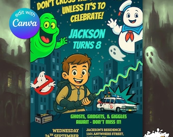 Editable Ghostbusters Birthday Invitation — Ghost Busters Party Invite, Stay Puft Marshmallow Man Canva Template, Slimer Ghost Party Invite