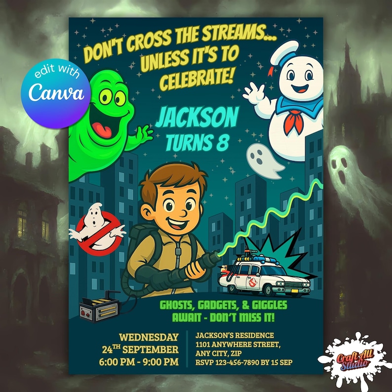 Editable Ghostbusters birthday invitation Canva template with Slimer, Stay Puft, Ecto-1, and kid with proton pack; 5x7 digital download party invite.