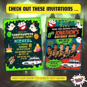 Additional Ghostbusters birthday invitations—slime and retro comic styles with Ecto-1; shop more matching party invites.
