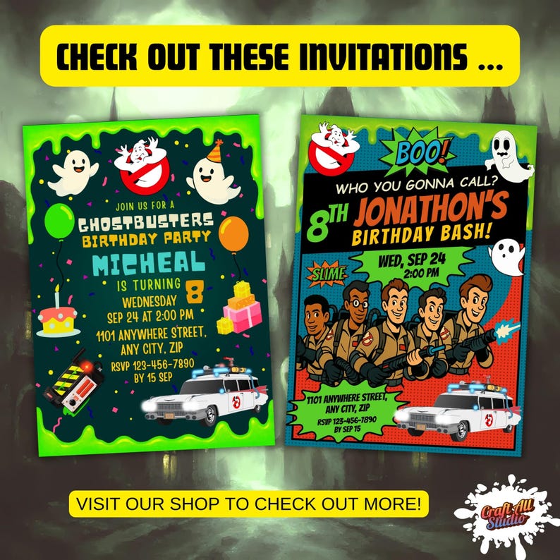Additional Ghostbusters birthday invitations—slime and retro comic styles with Ecto-1; shop more matching party invites.