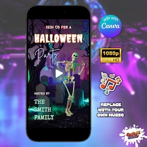 May include: A Halloween party invitation on a smartphone screen. The design features a skeleton, tombstones, and the text "Halloween Party." Additional text includes "Join us for a," "Hosted by The Smith Family," and "Replace with your own music."