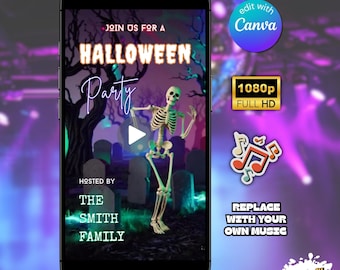 Op de afbeelding: Een uitnodiging voor een Halloweenfeest op een smartphonescherm. Het ontwerp toont een skelet, grafstenen en de tekst "Halloween Party". Extra tekst luidt "Join us for a", "Hosted by The Smith Family" en "Replace with your own music."