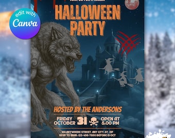 May include: Halloween party invitation with a werewolf illustration. The invitation features the text "Join us for a Killer Halloween Party" with the date October 31st. The background shows a castle, witches, and a full moon.