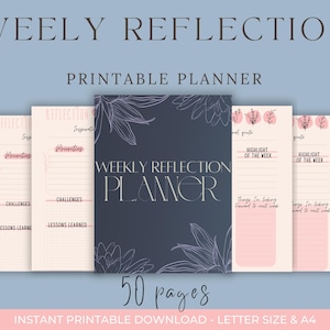 Könnte beinhalten: Eine Sammlung druckbarer Planer mit dem Text "WEEKLY REFLECTION PLANNER". Die Planer haben ein marineblaues und rosa Farbschema mit floralen Illustrationen. Der Text "50 Seiten" ist ebenfalls sichtbar.
