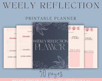 Puede incluir: Un conjunto de planificadores imprimibles con el texto "WEEKLY REFLECTION PLANNER". Los planificadores tienen una combinación de colores azul marino y rosa, con ilustraciones florales. También se ve el texto "50 páginas".