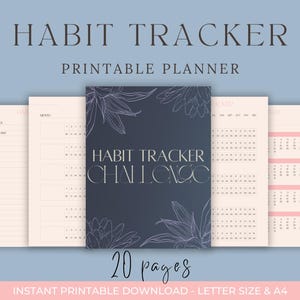 Könnte beinhalten: Ein druckbarer Habit Tracker Planer mit einem marineblauen Einband mit floraler Linienkunst und dem Text "HABIT TRACKER CHALLENGE". Der Planer enthält Seiten für die wöchentliche, monatliche und jährliche Verfolgung, mit dem Text "20 Seiten".