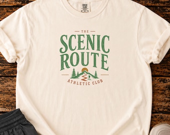 Scenic Route Comfort Colors T Shirt, Hiking Graphic Tee, Retro Nature Adventure Shirt, Outdoorsy Athletic Club Unisex Tee