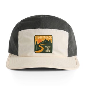 Mountain and Tree Design Nylon Cap active outdoor adventure, Mountain Biker Hat, Hiking Cap, Trail Runner Cap, Mountain and Tree Design Cap Ecru / Coal