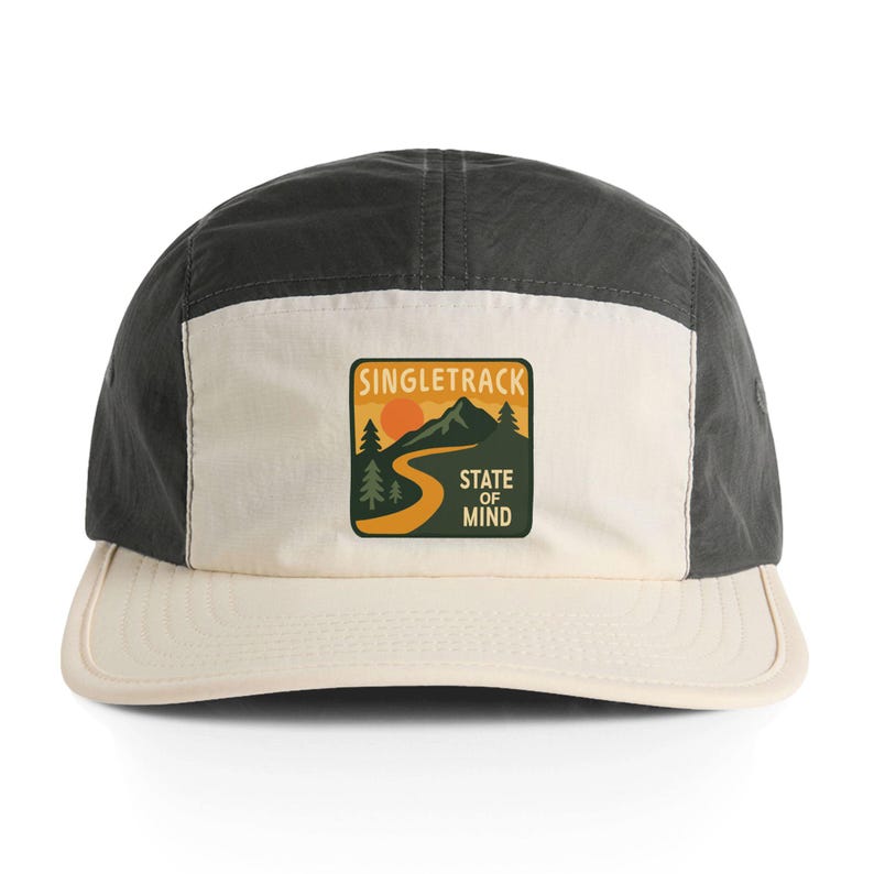 Mountain and Tree Design Nylon Cap active outdoor adventure, Mountain Biker Hat, Hiking Cap, Trail Runner Cap, Mountain and Tree Design Cap Ecru / Coal