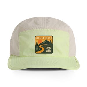 Mountain and Tree Design Nylon Cap active outdoor adventure, Mountain Biker Hat, Hiking Cap, Trail Runner Cap, Mountain and Tree Design Cap Lime / Bone