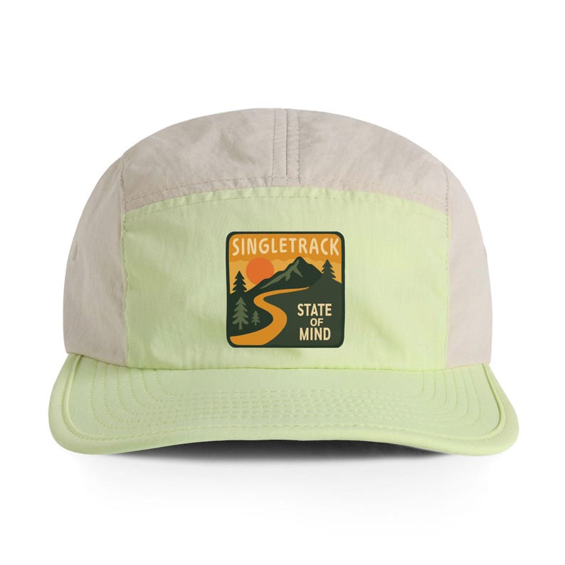 Mountain and Tree Design Nylon Cap active outdoor adventure, Mountain Biker Hat, Hiking Cap, Trail Runner Cap, Mountain and Tree Design Cap Lime / Bone