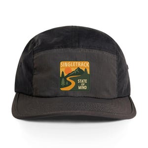 Mountain and Tree Design Nylon Cap active outdoor adventure, Mountain Biker Hat, Hiking Cap, Trail Runner Cap, Mountain and Tree Design Cap Coal / Black