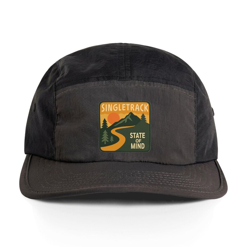 Mountain and Tree Design Nylon Cap active outdoor adventure, Mountain Biker Hat, Hiking Cap, Trail Runner Cap, Mountain and Tree Design Cap Coal / Black