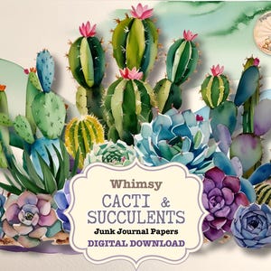 May include: Whimsy Cacti & Succulents Junk Journal Papers DIGITAL DOWNLOAD. Watercolor illustration of cacti and succulents in shades of green, blue, and purple.