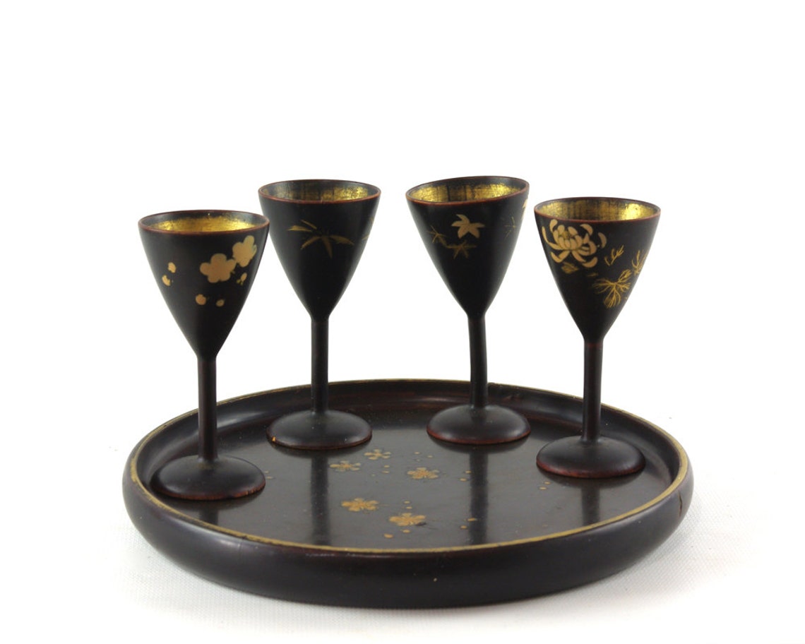 Vintage Sake Set Lacquer Tray and Sake Glasses Japanese Etsy