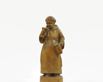 Vintage Ernst Huber Wood Carving of Drinking Monk, Bavarian Carved Wood Figure