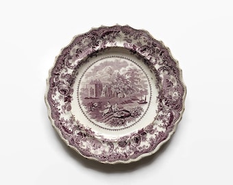 Antique Purple Transferware Plate, Indian Temples Pattern by Thomas and John Carey