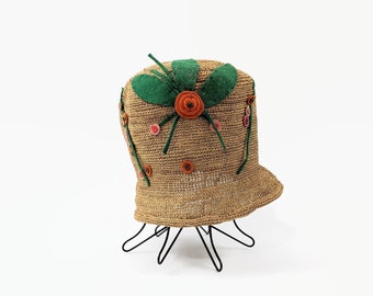 Vintage Straw Cloche Hat with Felt Flowers