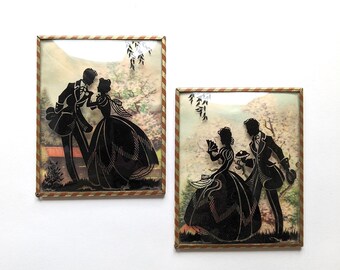Vintage Reverse Painted Silhouette on Bubble Glass, Set of 2
