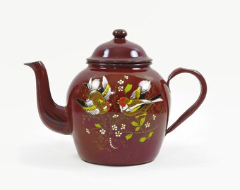 Antique Enamel Teapot with Birds and Butterfly, Made in Germany