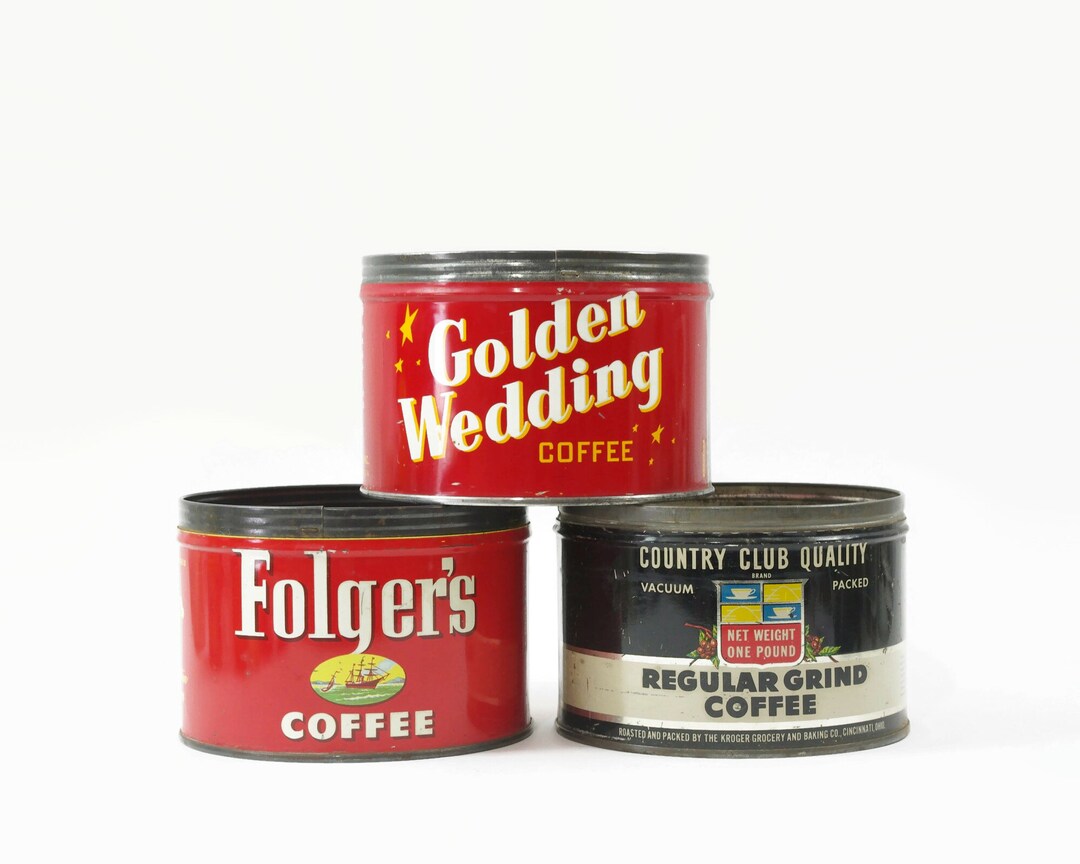Vintage Metal Coffee Cans, Golden Wedding, Folgers, Country Club