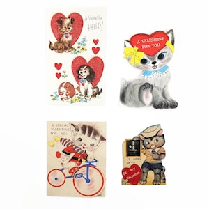 Vintage Valentine Cards with Cats and Dogs, Choice of 4
