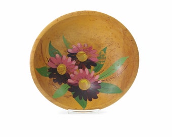 Vintage Wood Bowl with Hand Painted Flowers