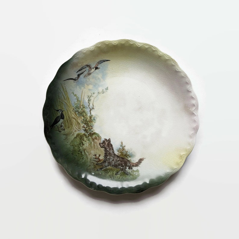Antique Salesman's Sample Plate with Dog and Birds image 1