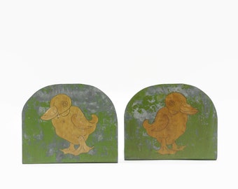 Vintage Folk Art Metal Bookends with Duck Decals, set of 2