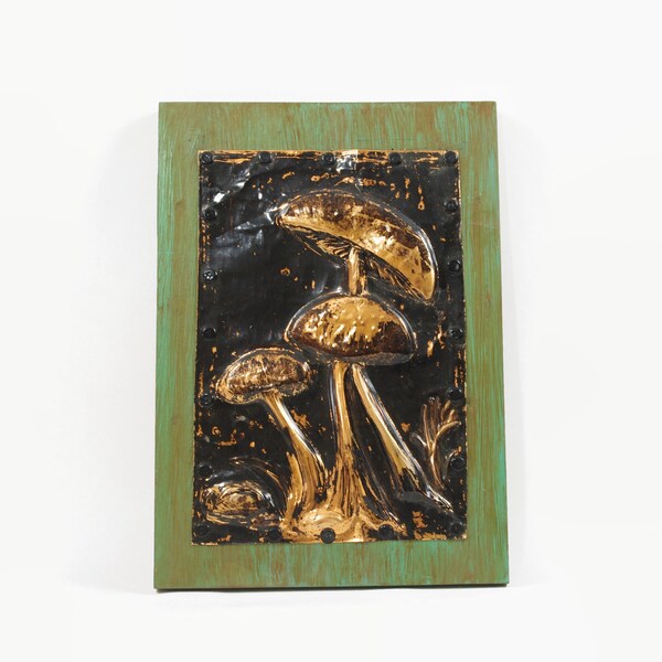 Vintage Embossed Copper Plaque with Mushrooms