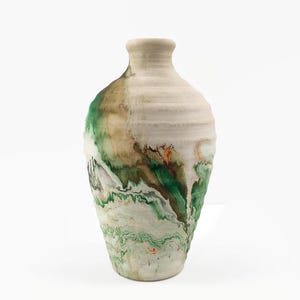 Vintage Nemadji Pottery Vase with Horizontal Ribs, Green and Orange Swirls