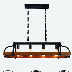 4-Light Metal Pot Hanging Rack Chandelier, Farmhouse Wood Grain Linear Pendant Ceiling Lighting Fixture