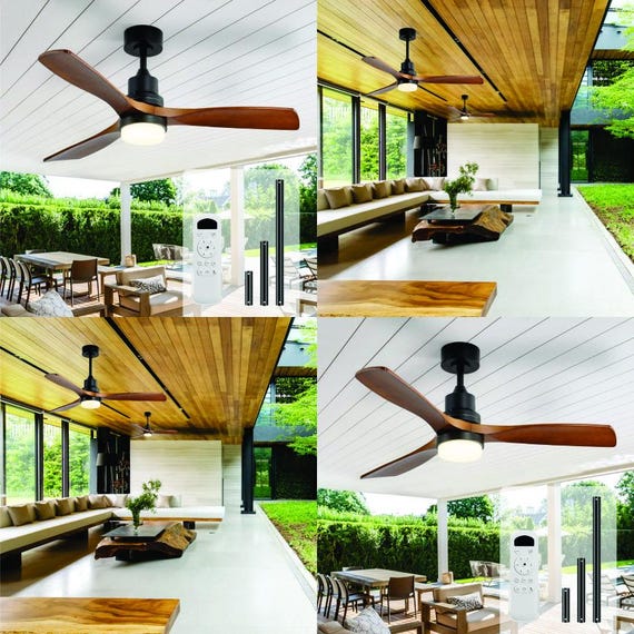 52インチ木製シーリングファン、ライト付き3枚羽根、リモコン付き