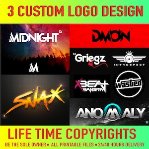 May include: A collage of nine custom logo designs for different businesses. The logos feature a variety of styles, including text-based, graphic, and abstract designs. The logos are displayed on a black and white background with a yellow and green banner at the top that reads "3 CUSTOM LOGO DESIGN". The bottom banner reads "LIFE TIME COPYRIGHTS BE THE SOLE OWNER. ALL PRINTABLE FILES. 24/48 HOURS DELIVERY".