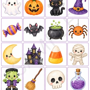 May include: A grid of sixteen square illustrations featuring Halloween icons including a white ghost, orange pumpkin, black cat, purple witch hat, candy, bat, cauldron with green liquid, spider, crescent moon, haunted house, candy corn, mummy, monster, broom, skull, and purple potion.