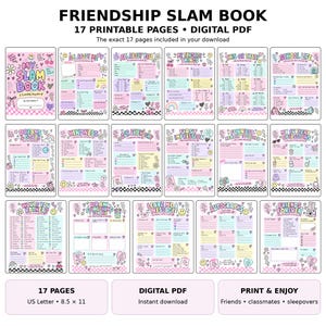 May include: A digital friendship slam book set featuring 17 printable pages. Each page includes pastel-coloured sections with headings like My Slam Book, All About Me, This or That, and Autographs, decorated with hearts, stars, and checkerboard patterns. The layout is designed for A4 printing.