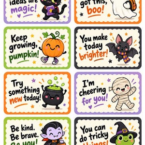 May include: A sheet of eight rectangular stickers with scalloped edges, each featuring a cartoon character and an encouraging phrase. Characters include a black cat, ghost, pumpkin, bat, cauldron, mummy, vampire, and a frog wearing a witch hat.