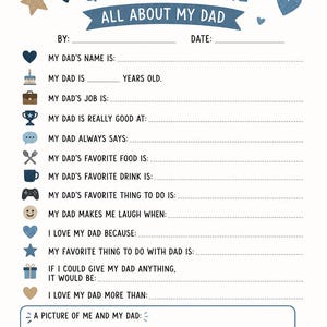 Op de afbeelding: Een Vaderdag vragenlijst met de tekst "Vaderdag Vragenlijst Alles over mijn papa". Het ontwerp bevat blauwe harten, sterren en een "Beste papa ooit" hart. Het heeft invulsecties.