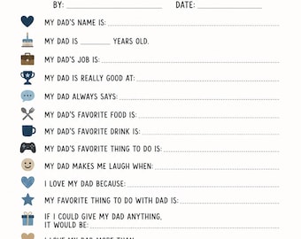 Questionario per la Festa del Papà per Bambini / Scheda di lavoro "Tutto sul mio papà" da compilare (Download immediato in PDF)