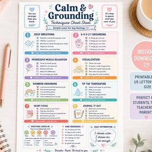 May include: A white informational sheet titled Calm & Grounding Techniques Cheat Sheet with eight numbered sections detailing mental health exercises, including deep breathing, rainbow grounding, and heart focus, with colorful icons and text.