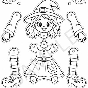 May include: A black and white printable craft sheet titled BUILD A FRIENDLY WITCH! featuring a witch head, torso, two arms, and two striped legs with curled shoes. Each piece has dotted cut lines and circles for assembly with paper brads.