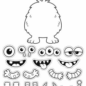 Peut inclure: Une feuille d'activité imprimable en noir et blanc intitulée BUILD YOUR OWN SILLY MONSTER! avec le contour d'un grand corps de monstre et divers éléments à découper dont des yeux, bouches, bras, jambes, cornes, un nœud papillon et un chapeau.