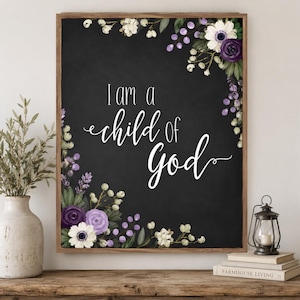 Ik ben een kind van God - printbare muurdecoratie | Christelijke bloemenmuurdecoratie | Bijbeltekstprint | Zwart-paarse geloofsdecoratie | Digitale download