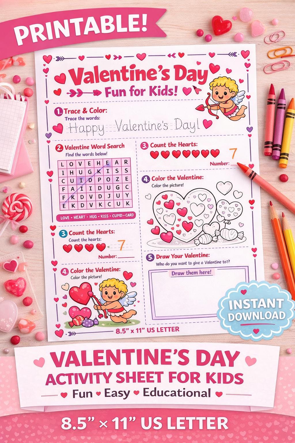 Valentine’s Day Activity Sheet for Kids | Printable Valentine Worksheet ...