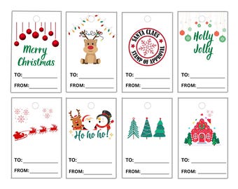 Può includere: Set di otto etichette regalo natalizie con vari disegni. Include etichette con testo "Merry Christmas", "Holly Jolly" e "Ho ho ho!". Altre etichette presentano una renna, un timbro di Babbo Natale, alberi di Natale e una casa di pan di zenzero.