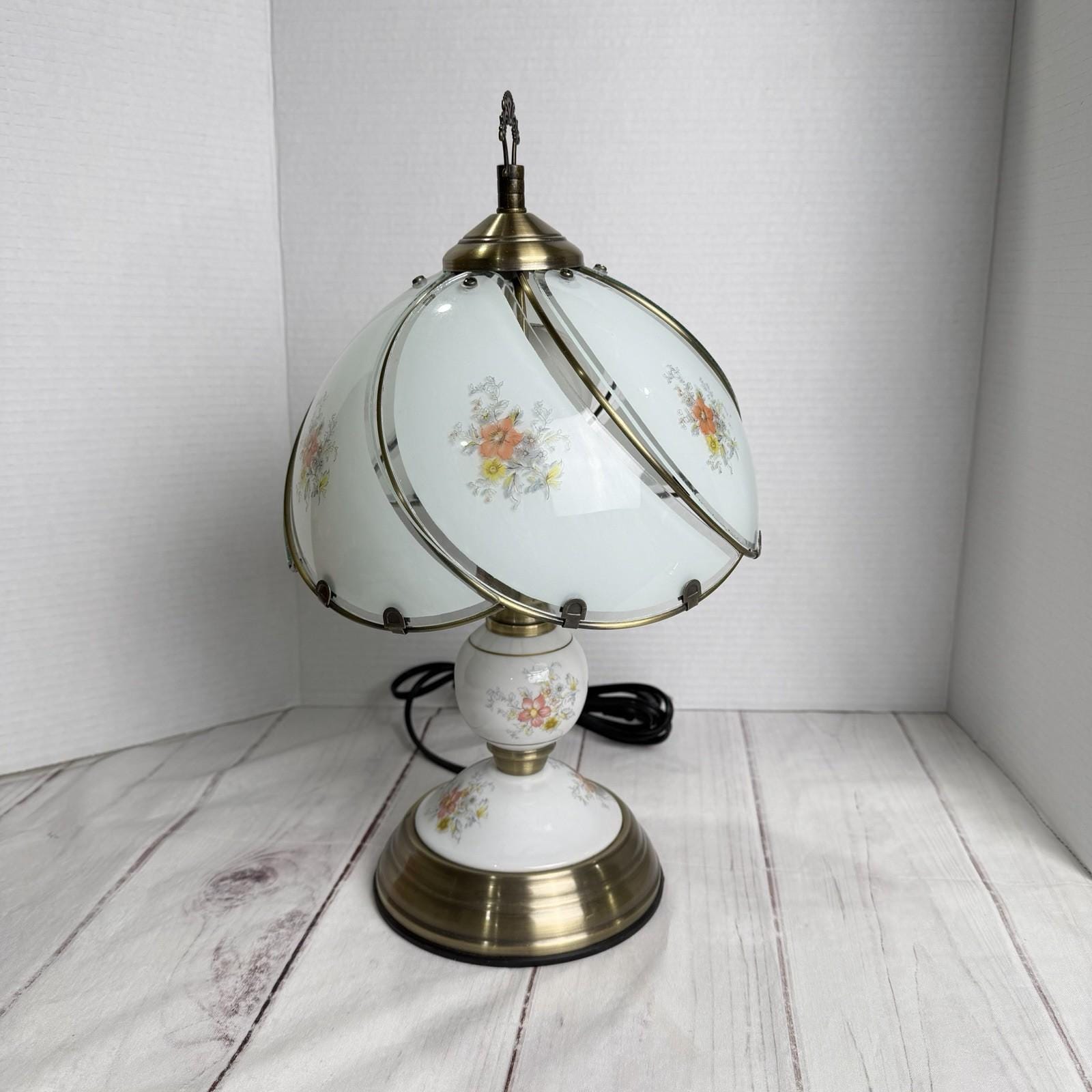 Touch Lamp VTG 80s Floral 6-panel Frosted Glass & Brass