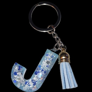 Llavero inicial J Letra J azul y plata con bolsa de regalo